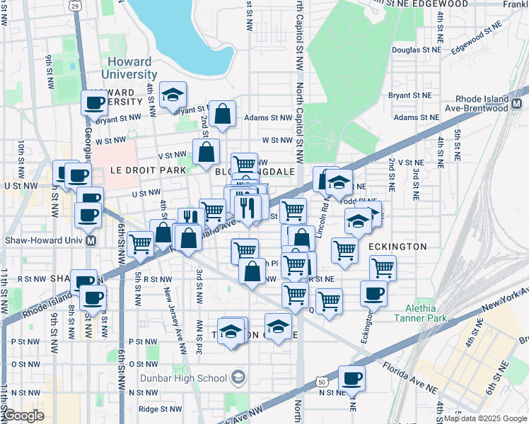 map of restaurants, bars, coffee shops, grocery stores, and more near 70 Rhode Island Avenue Northwest in Washington