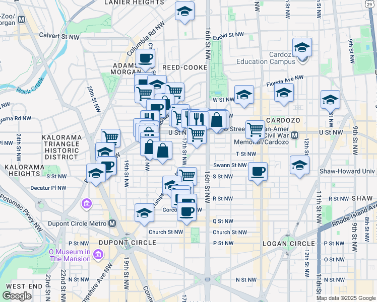 map of restaurants, bars, coffee shops, grocery stores, and more near 1621 T Street Northwest in Washington