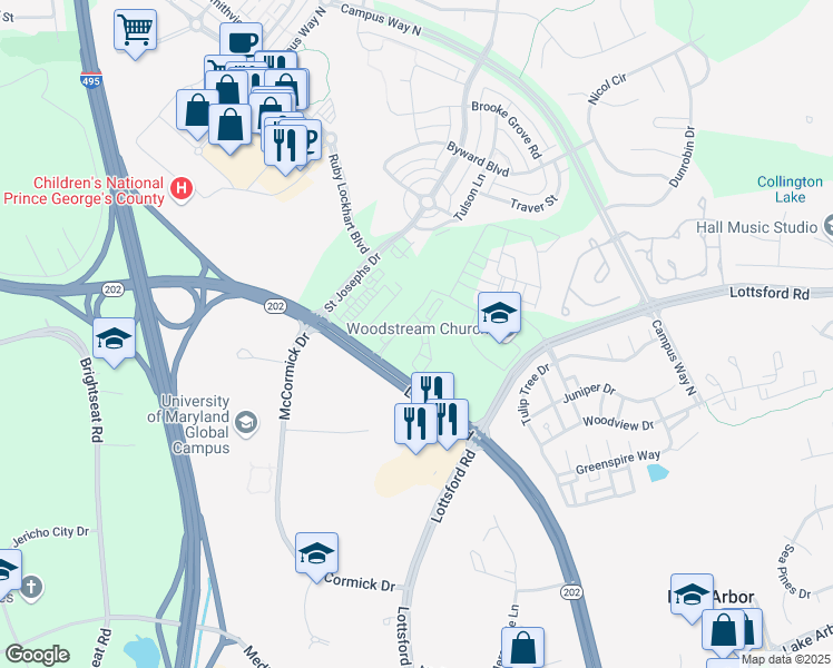 map of restaurants, bars, coffee shops, grocery stores, and more near 9800 Landover Road in Prince George's County