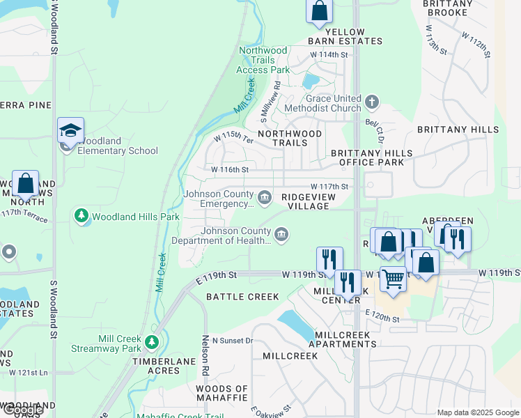 map of restaurants, bars, coffee shops, grocery stores, and more near 11880 South Sunset Drive in Olathe