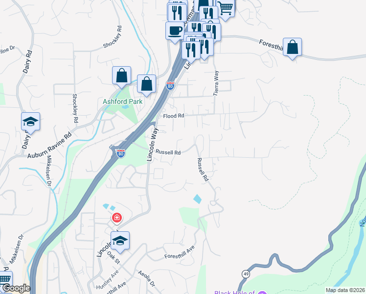 map of restaurants, bars, coffee shops, grocery stores, and more near 145 Russell Road in Auburn