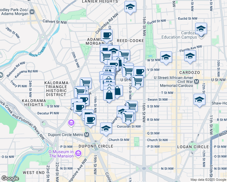 map of restaurants, bars, coffee shops, grocery stores, and more near 1759 T Street Northwest in Washington