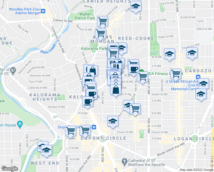 map of restaurants, bars, coffee shops, grocery stores, and more near 1825 T Street Northwest in Washington
