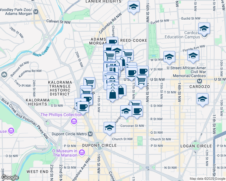 map of restaurants, bars, coffee shops, grocery stores, and more near 1777 T Street Northwest in Washington