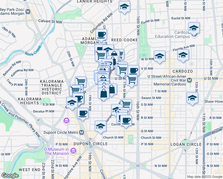 map of restaurants, bars, coffee shops, grocery stores, and more near 1745 T Street Northwest in Washington