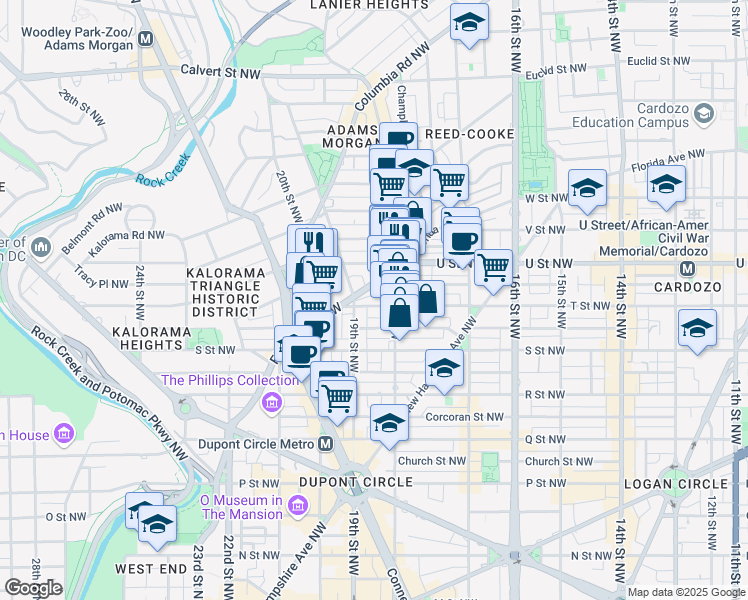 map of restaurants, bars, coffee shops, grocery stores, and more near 1821 T Street Northwest in Washington