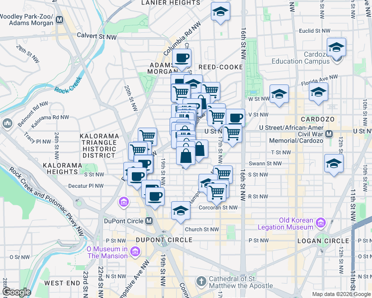 map of restaurants, bars, coffee shops, grocery stores, and more near 1901 18th Street Northwest in Washington