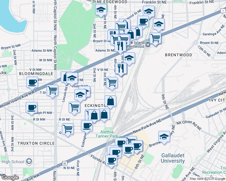 map of restaurants, bars, coffee shops, grocery stores, and more near 101 Independence Avenue Southeast in Washington