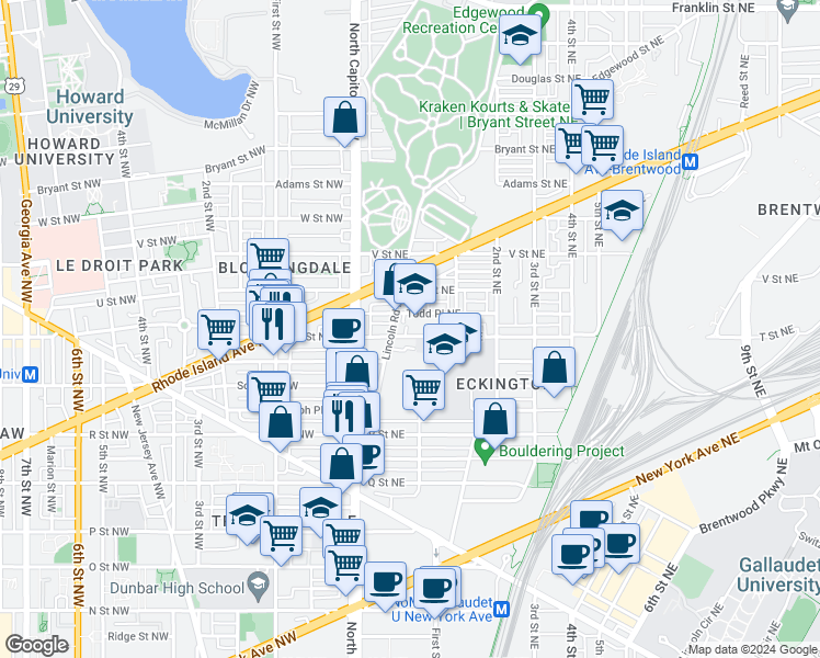 map of restaurants, bars, coffee shops, grocery stores, and more near 101 Independence Avenue Southeast in Washington