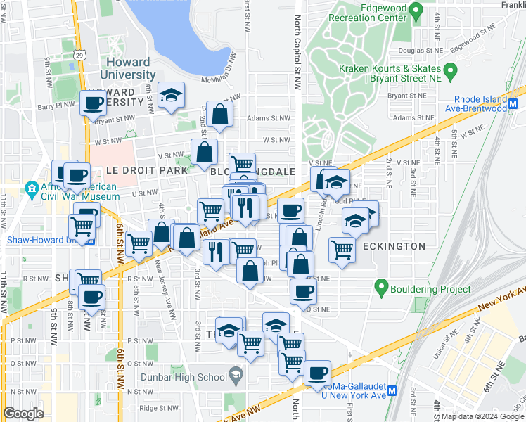 map of restaurants, bars, coffee shops, grocery stores, and more near 101 Independence Avenue Southeast in Washington