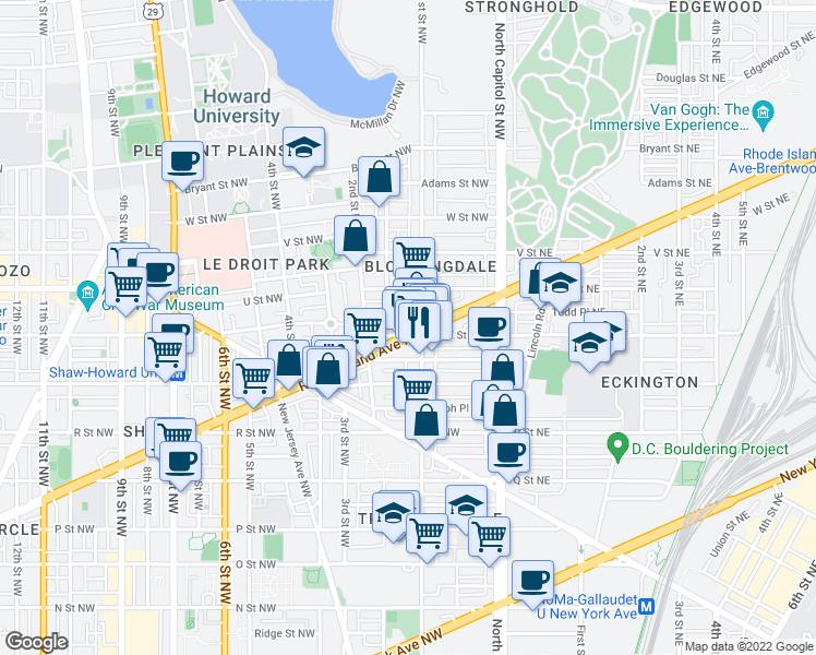 map of restaurants, bars, coffee shops, grocery stores, and more near 101 Independence Avenue Southeast in Washington