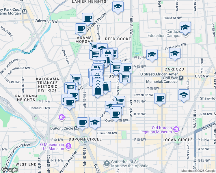 map of restaurants, bars, coffee shops, grocery stores, and more near 1735 T Street Northwest in Washington