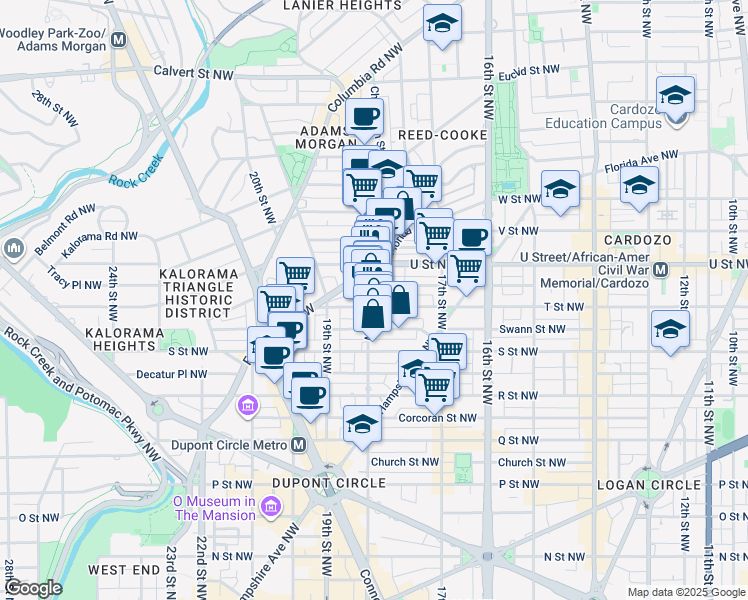 map of restaurants, bars, coffee shops, grocery stores, and more near 1777 T Street Northwest in Washington
