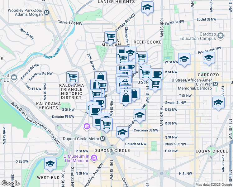 map of restaurants, bars, coffee shops, grocery stores, and more near 1825 T Street Northwest in Washington