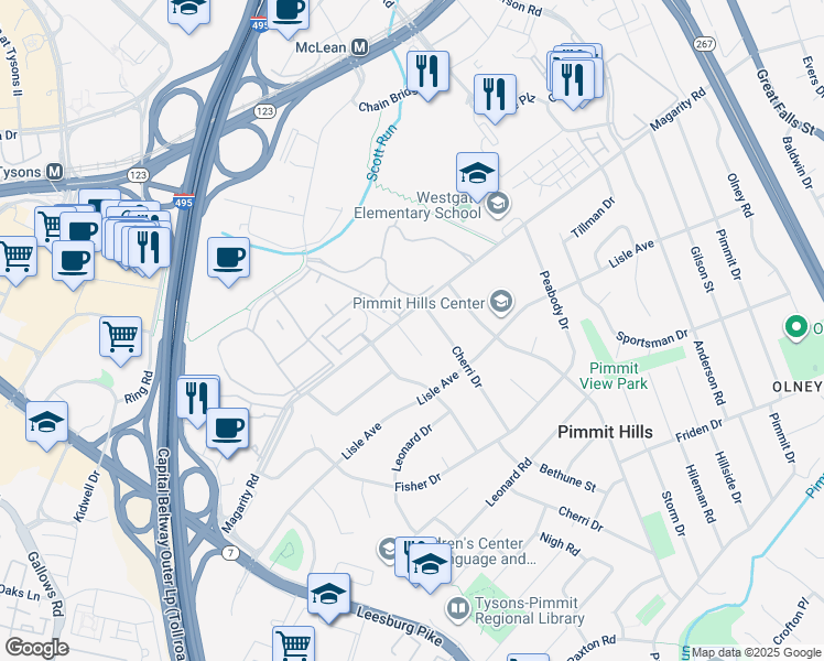 map of restaurants, bars, coffee shops, grocery stores, and more near 1839 Lusby Place in Falls Church