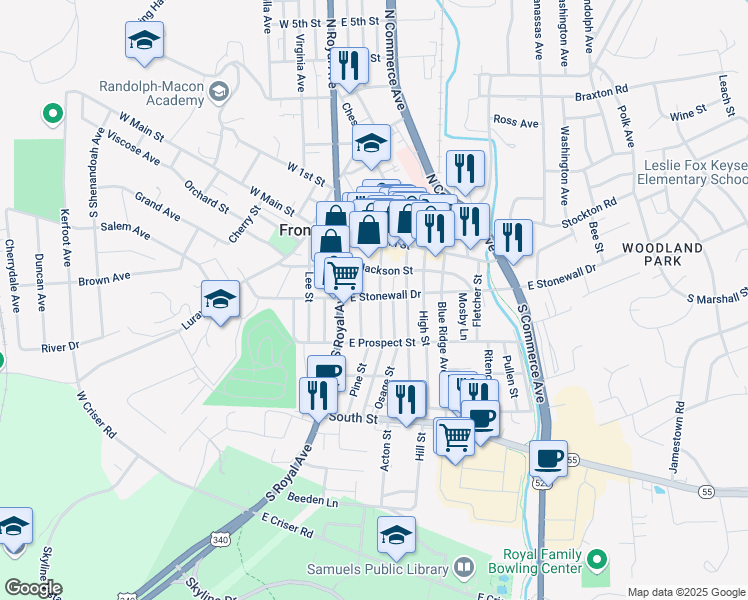 map of restaurants, bars, coffee shops, grocery stores, and more near 49 Church Street in Front Royal