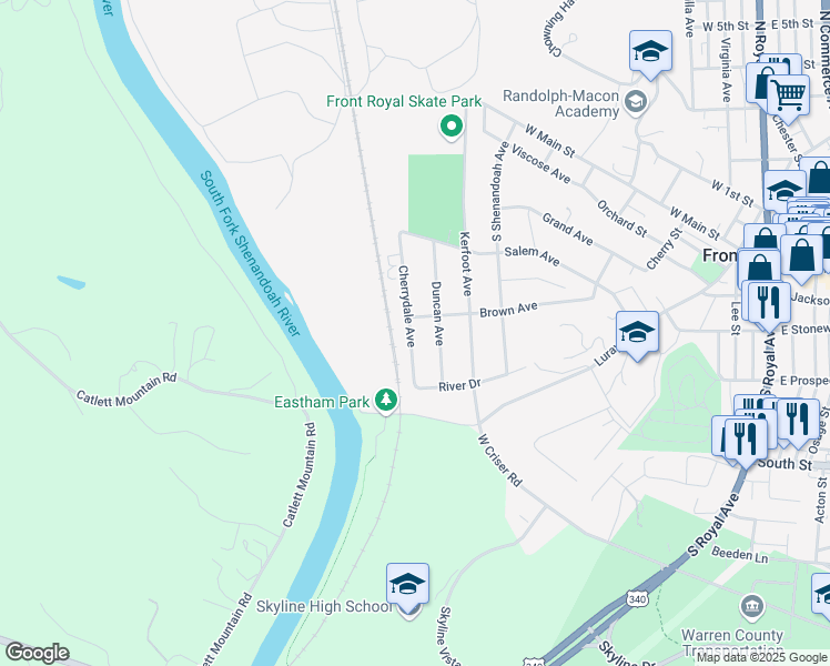 map of restaurants, bars, coffee shops, grocery stores, and more near 609 Brown Avenue in Front Royal