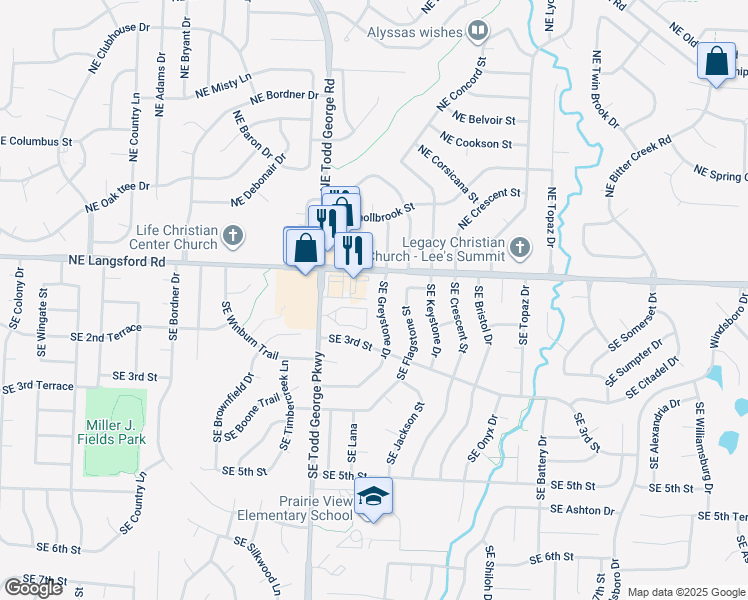 map of restaurants, bars, coffee shops, grocery stores, and more near 110 Southeast Greystone Drive in Lee's Summit