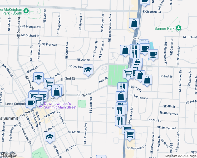 map of restaurants, bars, coffee shops, grocery stores, and more near 707 Southeast Summit Avenue in Lee's Summit