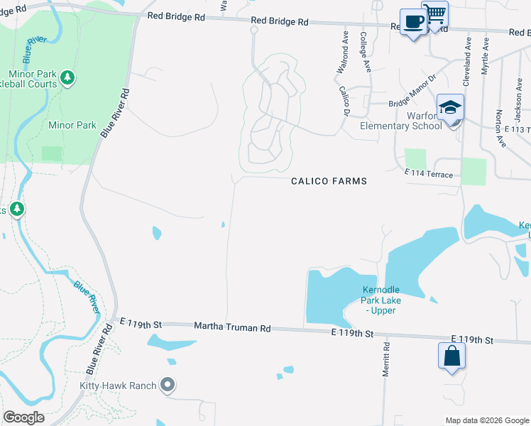 map of restaurants, bars, coffee shops, grocery stores, and more near 11425-11587 Montgall Avenue in Kansas City