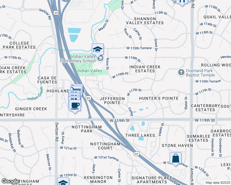 map of restaurants, bars, coffee shops, grocery stores, and more near 11651 Connell in Overland Park