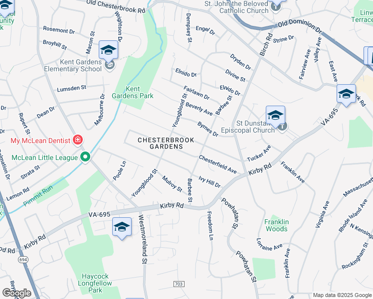 map of restaurants, bars, coffee shops, grocery stores, and more near 6532 Chesterfield Avenue in McLean