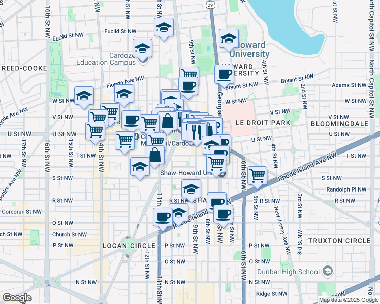 map of restaurants, bars, coffee shops, grocery stores, and more near 909 T Street Northwest in Washington
