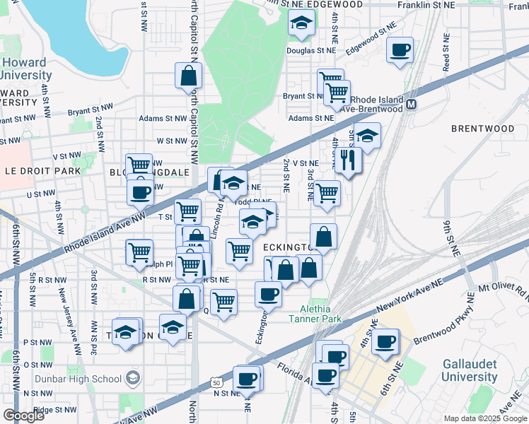 map of restaurants, bars, coffee shops, grocery stores, and more near 144 T Street Northeast in Washington
