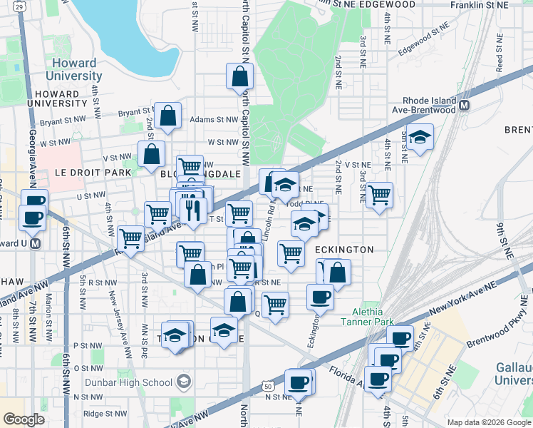 map of restaurants, bars, coffee shops, grocery stores, and more near 101 Independence Avenue Southeast in Washington