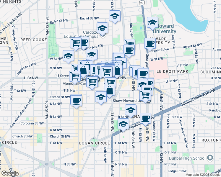 map of restaurants, bars, coffee shops, grocery stores, and more near 1904 11th Street Northwest in Washington
