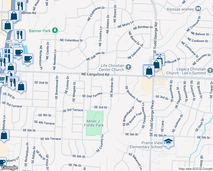 map of restaurants, bars, coffee shops, grocery stores, and more near 116 Southeast Bordner Place in Lee's Summit