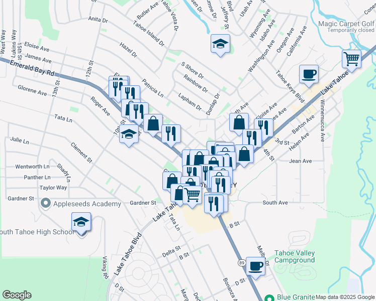 map of restaurants, bars, coffee shops, grocery stores, and more near 2016 5th Street in South Lake Tahoe
