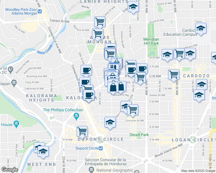 map of restaurants, bars, coffee shops, grocery stores, and more near 1811 T Street Northwest in Washington