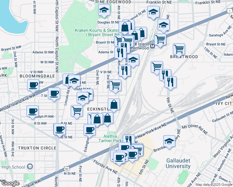 map of restaurants, bars, coffee shops, grocery stores, and more near 1904 4th Street Northeast in Washington