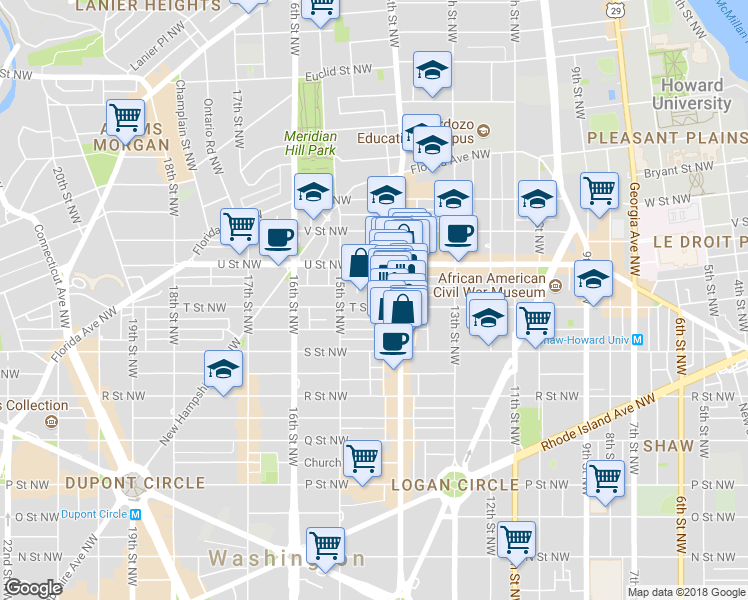 map of restaurants, bars, coffee shops, grocery stores, and more near 1423 T Street Northwest in Washington