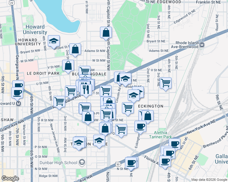 map of restaurants, bars, coffee shops, grocery stores, and more near 101 Independence Avenue Southeast in Washington