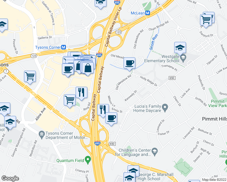 map of restaurants, bars, coffee shops, grocery stores, and more near 1802 Wilson Lane in McLean