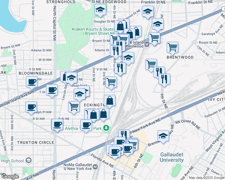 map of restaurants, bars, coffee shops, grocery stores, and more near 1904 4th Street Northeast in Washington