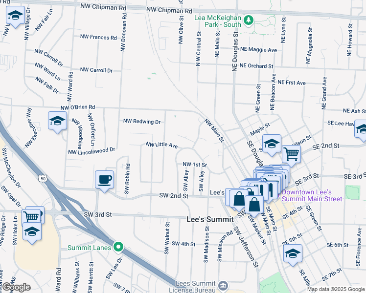 map of restaurants, bars, coffee shops, grocery stores, and more near 500 Northwest Little Avenue in Lee's Summit