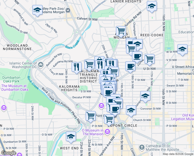 map of restaurants, bars, coffee shops, grocery stores, and more near 2121 Leroy Place Northwest in Washington