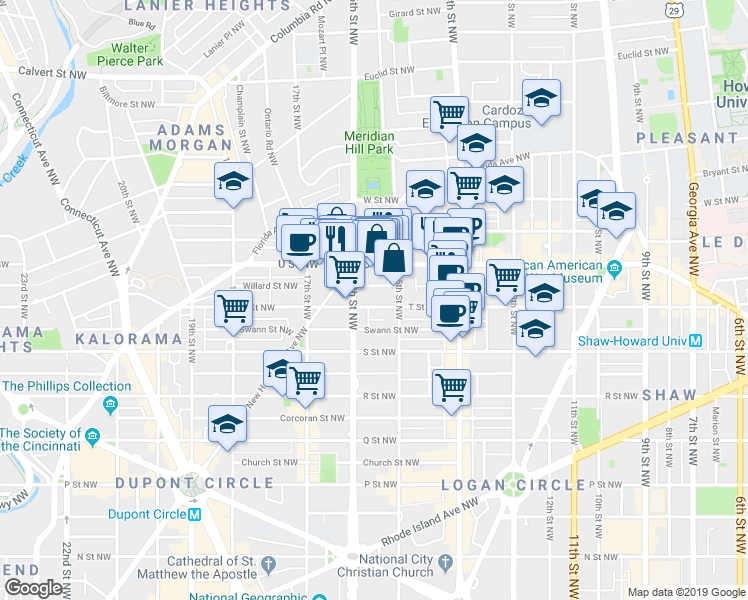 map of restaurants, bars, coffee shops, grocery stores, and more near 1529 T Street Northwest in Washington