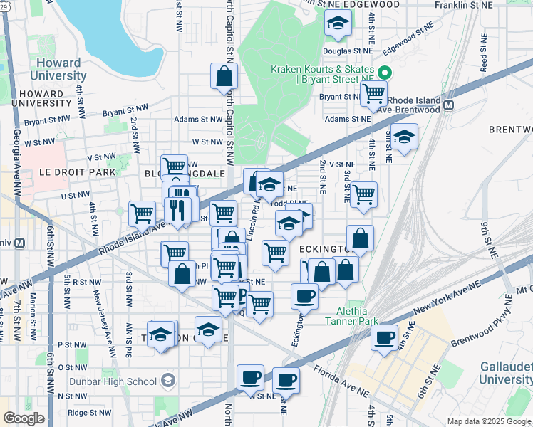 map of restaurants, bars, coffee shops, grocery stores, and more near 36 T Street Northeast in Washington