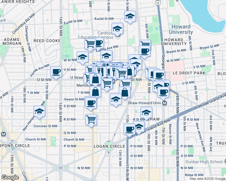 map of restaurants, bars, coffee shops, grocery stores, and more near 1907 13th Street Northwest in Washington