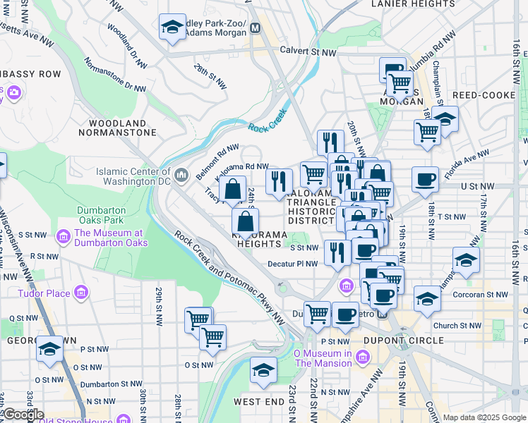 map of restaurants, bars, coffee shops, grocery stores, and more near 2331 California Street Northwest in Washington