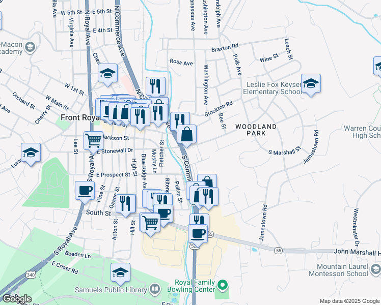 map of restaurants, bars, coffee shops, grocery stores, and more near 206 South Commerce Avenue in Front Royal