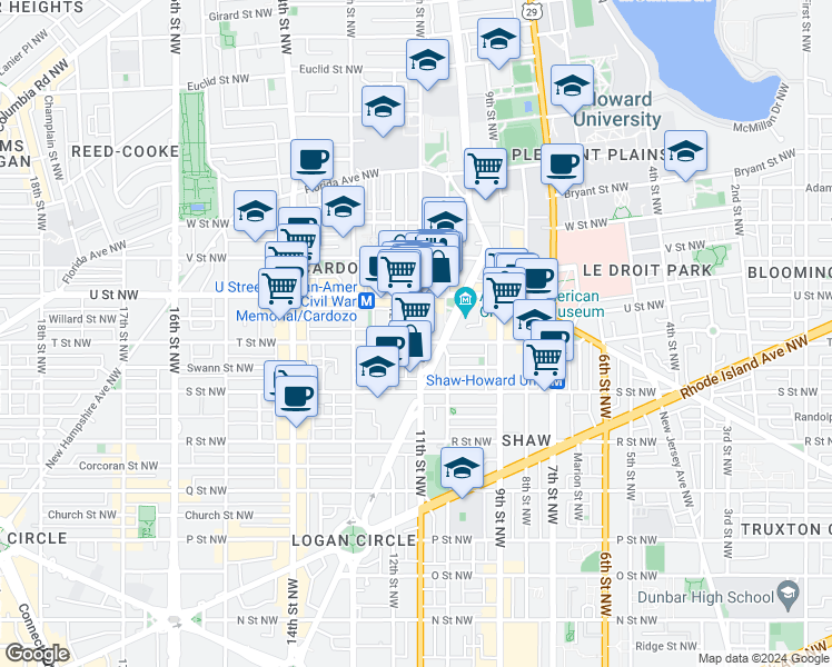 map of restaurants, bars, coffee shops, grocery stores, and more near 1904 11th Street Northwest in Washington