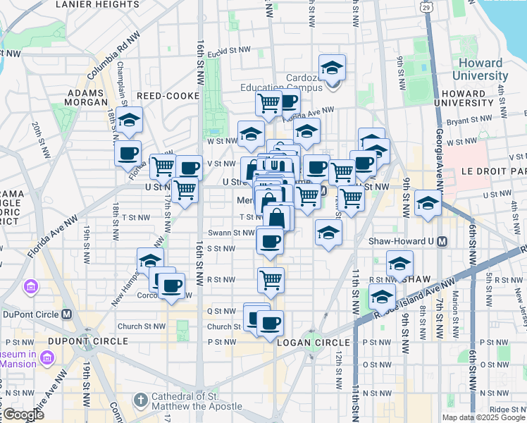 map of restaurants, bars, coffee shops, grocery stores, and more near 1413 T Street Northwest in Washington