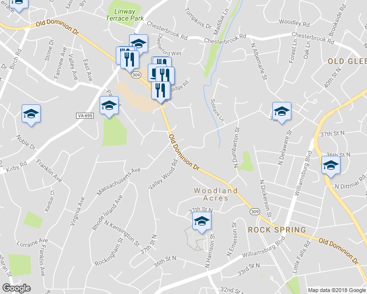 map of restaurants, bars, coffee shops, grocery stores, and more near 6140 Franklin Park Road in McLean