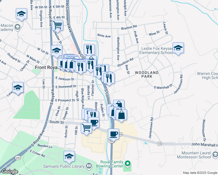 map of restaurants, bars, coffee shops, grocery stores, and more near 206 South Commerce Avenue in Front Royal