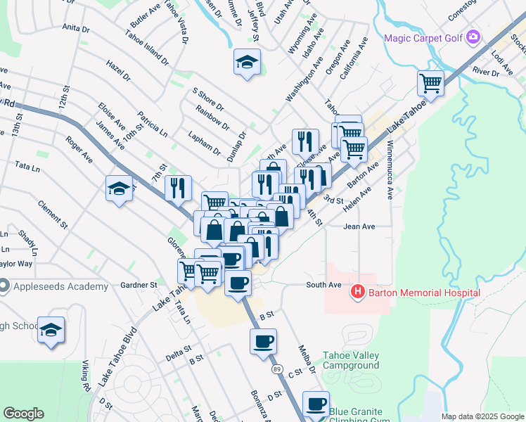 map of restaurants, bars, coffee shops, grocery stores, and more near 2082 Eloise Avenue in South Lake Tahoe